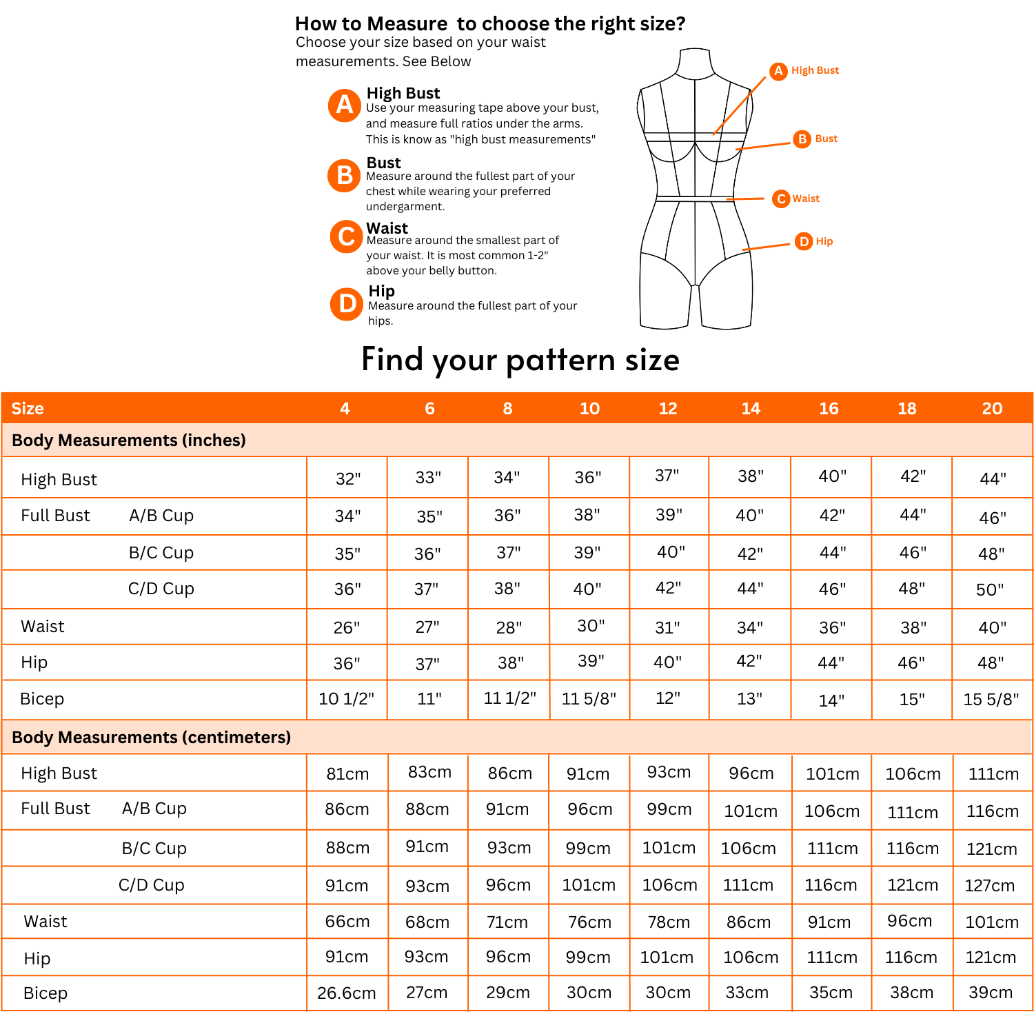 Find your size sewing pattern chart sewlook